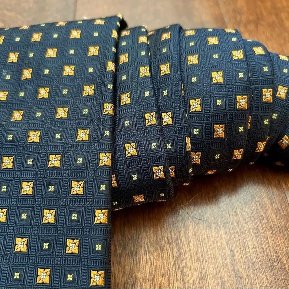 Robert Talbott Carmel Woven 100% Silk Tie, Navy and Orange, Hand Sewn in the USA